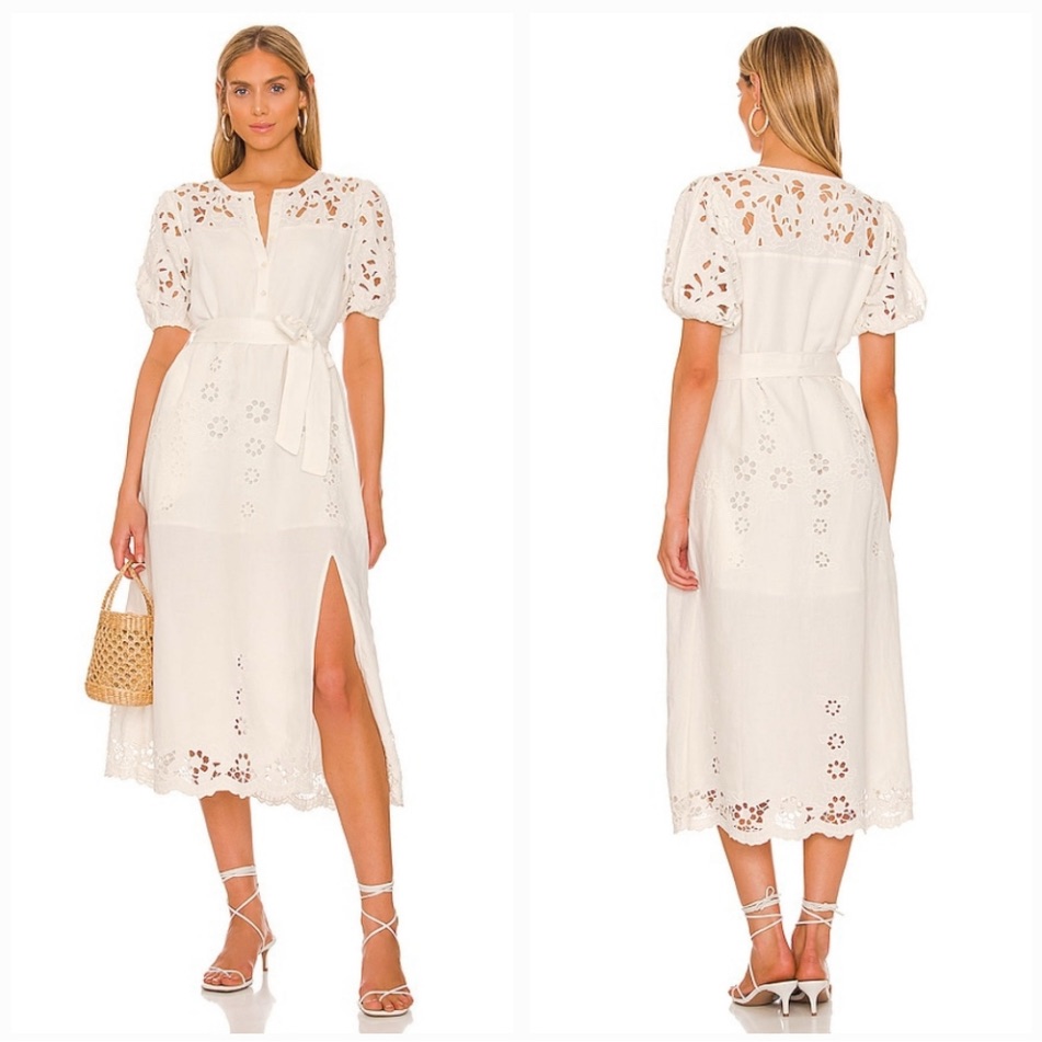 Tularosa Annie Midi Dress White Linen Mix Open Work Broderie Anglaise Size S